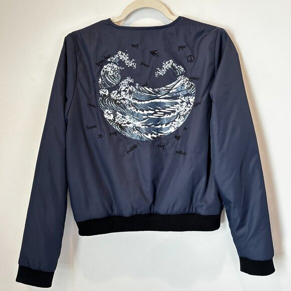 The Upside Byrow Bay Bomber Jacket with Pockets Size 6 Navy Biker Boho Art L60 - Picture 9 of 16